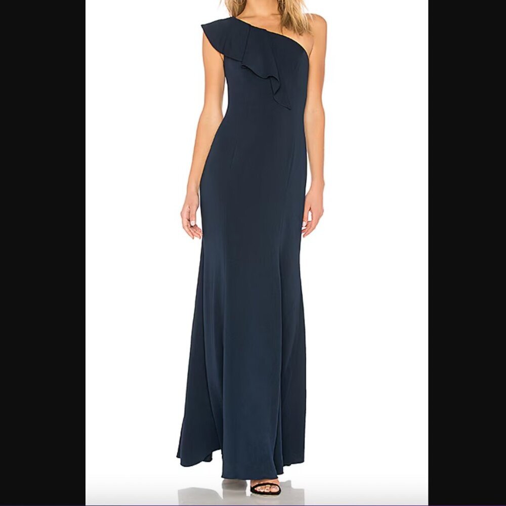 JAYGODFREY Navy One-Shoulder Ruffled Evening Gown
